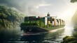 A large, ecofriendly cargo container ship at river, symbolizing sustainable maritime transport with a focus on reducing carbon emissions and preserving the environment.