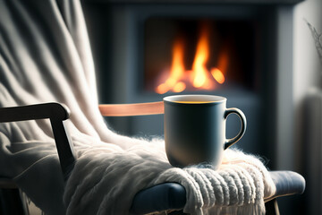 A mug of hot tea stands on a chair with a woolen blanket in a cozy living room with a fireplace