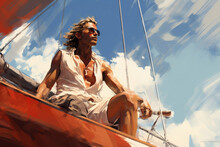 A Man Sits On His Sailboat And Looks Into The Distance