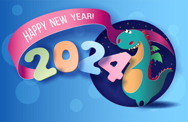 Wall Mural - 2024 New Year design card with funny dragon on blue background.