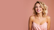 © Ari - Blonde woman model wear a pink sundress isolated on pastel background
