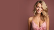 © Ari - Blonde woman model wear a pink sundress isolated on pastel background