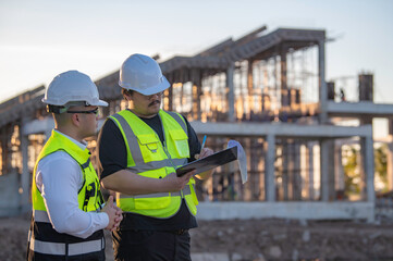 Two Asian engineer working at site of a large building project,Thailand people,Work overtime at construction site,Team of engineer discus at site