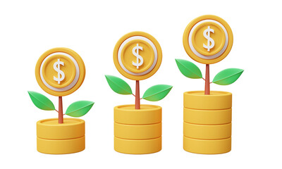 Wall Mural - 3d coin money tree plant, illustration of savings, finance and business