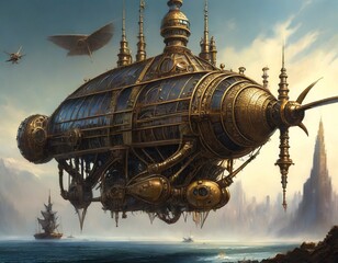 Wall Mural - Concept of a large flying machine sailing in the sea in steampunk style generated by AI, digital art.