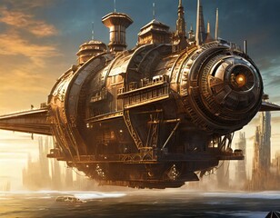 Wall Mural - Concept of a large flying machine sailing in the sea in steampunk style generated by AI, digital art.