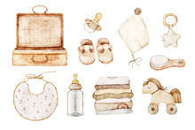 Set Of Accessories For A Newborn On A Trip. Watercolor Illustrations Of Baby Clothes, Shoes, Toys, Care Items. Clipart For Cards, Posters, Baby Showers, Invitations, New Born Celebration, Decorations