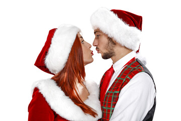 Poster - Two santa claus helpers on white background and free space for your decoration. 