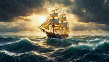 Old Wooden Sailing Ship Battles Against Towering Huge Waves And Rain In A Turbulent Sea. As The Storm Clouds Part, The Radiant Sun Emerges, Casting A Warm And Hopeful Glow.