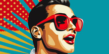Dynamic Pop Art Image Of A Male In Retro Sunglasses, Comic Book Style With Bright Halftone Dots