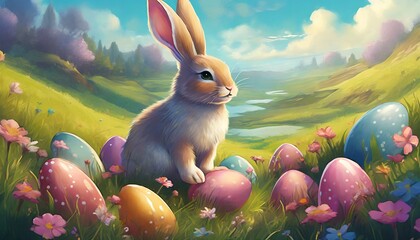 Wall Mural - easter bunny and easter eggs