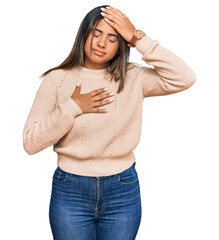 Poster - Young latin girl wearing wool winter sweater touching forehead for illness and fever, flu and cold, virus sick