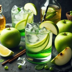 Wall Mural - Apple drink cocktail, lemon soda or sparkling water, green apple syrup, green apple slices for garnish, Ice, drinks concept, generative ai