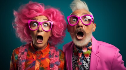 Wall Mural - A Vibrant Elderly Couple with Pink Hair and Glasses on a Fun Colourful Background. A man and a woman with pink hair and glasses