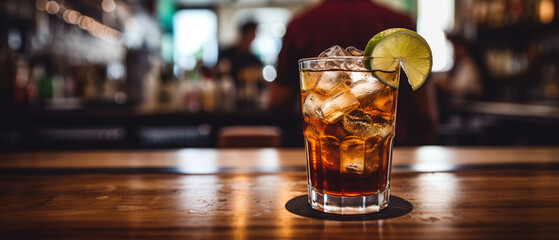 close up of a Cuba Libre with blurred Bartender and bar in the back with empty copy space