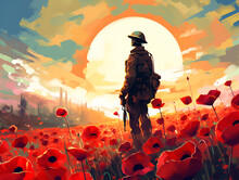 Colorful Art Style Of A Soldier In A Red Poppies Field On Anzac Day