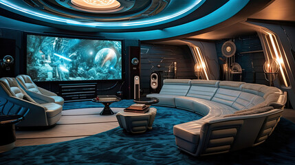 Canvas Print - Vintage Sci-Fi Cinema Silver and Blue Seats Metallic Paneling