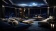 Celestial-themed observatory home theater crescent seating LED constellations 150-inch TV screen immersive audio