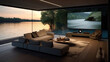 Eco-conscious houseboat cinema floating seating biometric walls 150-inch TV screen advanced audio