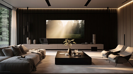 Canvas Print - Sleek home cinema modular seating glossy walls 140-inch TV screen discreet sound