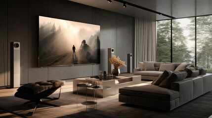 Wall Mural - Modernist home cinema modular seating minimalist walls 140-inch 8K TV screen discreet sound