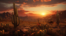 The Sun Rises Over The Desert, Casting Its Golden Light On The Cactus Spines. The Cacti Stand Tall And Proud, Like Sentinels Guarding The Land. Ai Generated.