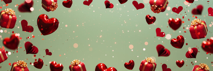 Wall Mural - Valentine's Day greeting card design. Red gift boxes with hearts and copy space on green background. 3D Rendering, 3D Illustration