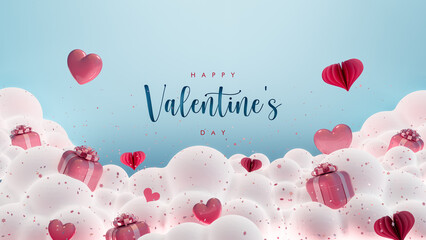 Wall Mural - Gift boxes and hearts among clouds on blue background with text. Valentine's Day greeting card design. 3D Rendering, 3D Illustration