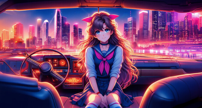Anime girl in school uniform inside a car interior synthwave style, digital illustration, neon colors at night