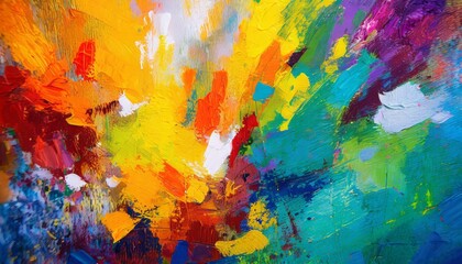 Wall Mural - closeup of abstract rough colorful bold rainbow colors explosion painting texture with oil brushstroke pallet knife paint on canvas art background illustration