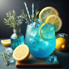 Blue Lagoon drink, lemon syrup, lemon soda, blue dye, ice, drinks concept, generative ai