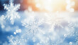 A snowflake on a blue background with a gradient of blue blurred bokeh. Dreamy and wintery mood. Winter, xmas background.