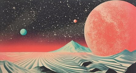 generative ai, vintage risograph collage of alien planet in space, pastel halftone, geometric shapes