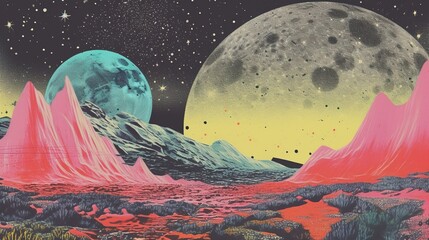 generative ai, vintage risograph collage of alien planet in space, pastel halftone, geometric shapes