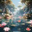 a surreal symphony featuring abstract sakura elements, jungle elements, an oasis setting, and influences of quantum mechanics