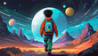 little boy exploring an alien planet in outer space