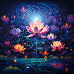 Sticker - a pattern that combines the vivid glow of neon lights with cosmic influences in a lotus landscape during nightfall