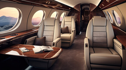 Canvas Print - Luxury Jet Cabin Plush Velvet Seating Polished Wood Integrated Bar Panoramic Vistas