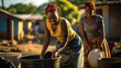 African women washing dishes in plastic buckets