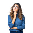 © Sara_P - Women thinking about something.funny teenaged girl in blue jeans with glasses, in the style of thought-provoking.Isolated on white and transparent background