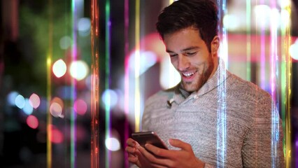 
Handsome Latin American Man Using Smartphone with Wireless Communication Internet Network. Futuristic City with Augmented Reality Elements. Big Data.