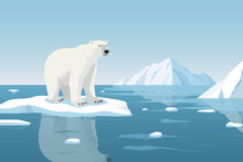Polar Bear On An Ice Floe. A Beautiful Polar Bear Floats On An Ice Floe Against The Backdrop Of A Landscape Of Large Glaciers And Icebergs. Vector Illustration For Postcard, Poster, Cover Or Design.