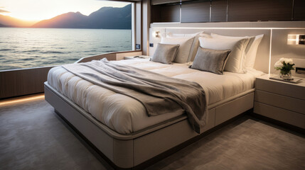 Canvas Print - Yacht Stateroom King-Sized Bed Lavish Finishes Ocean Views Tranquil No Occupants