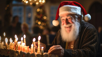 Wall Mural - Elderly person with menorah glow Santa hat celebrating season with unity and respect