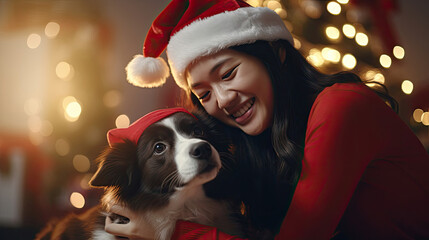 Wall Mural - Happy pet owner in Santa hat cuddling furry companion in festive living room