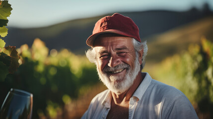 Wall Mural - Joyful winegrower tends to grapevines with hat picturesque vineyard with rolling hills abundant harvest