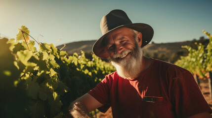 Wall Mural - Winemaker in hat tends grapevines