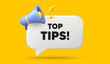 Top tips tag. 3d speech bubble banner with megaphone. Education faq sign. Best help assistance. Top tips chat speech message. 3d offer talk box. Vector