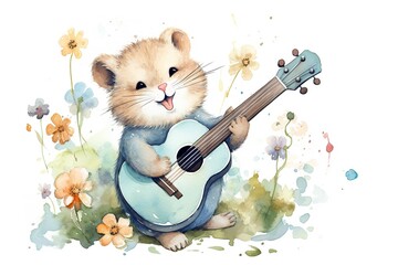 Wall Mural - watercolor cartoon illustration,  cute hamster singing and playing guitar in spring flower field, Generative Ai