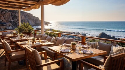 terrasse de restaurant au bord de la mer, confortable et au calme avec vue dégagée